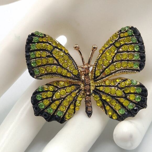 Vintage Butterfly Brooch Yellow Green Black Rhinestones Gold Tone Insect Pin - Picture 8 of 8